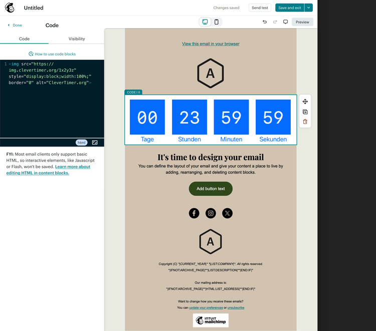 CleverTimer Mailchimp Editor Code-Block einfügen